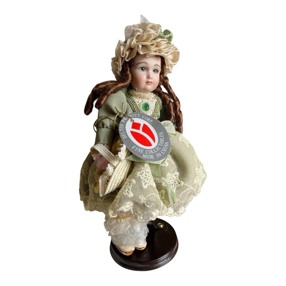Delton Products 8" Doll Young Girl Victorian Style Green Dress w Stand & Box